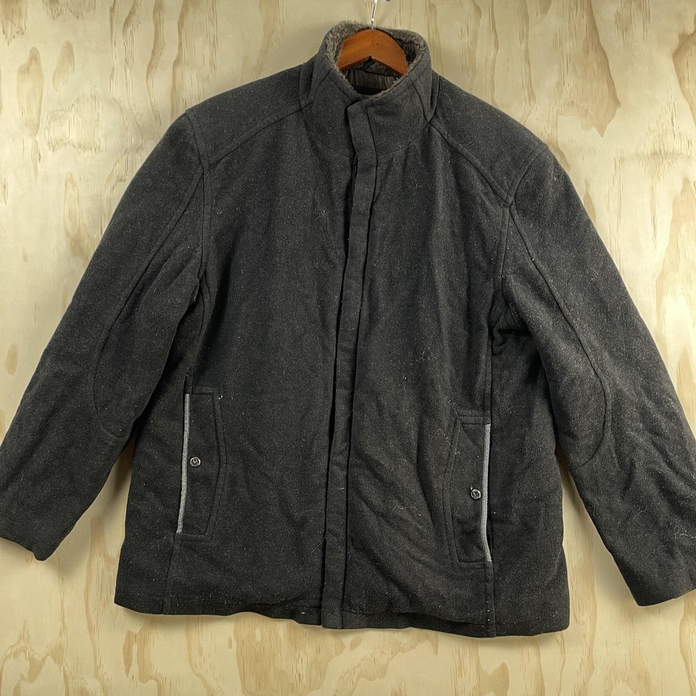 Marc New York Coat Mens XL Gray Wool Parka Zip Lined Pockets Faux Fur Collar